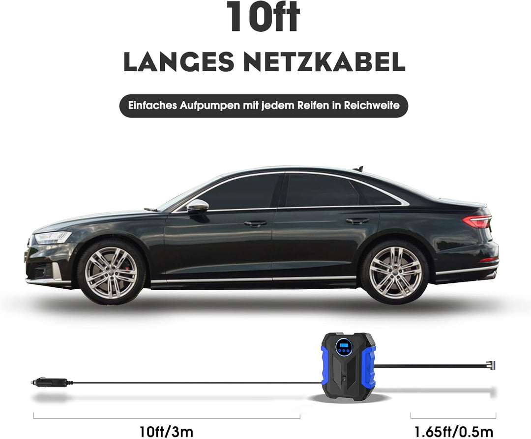 CARSUN Luftpumpe Auto,12V Mobiler Kompressor Auto,150PSI Autoreifen Pumpe mit Reifendruckmesser und