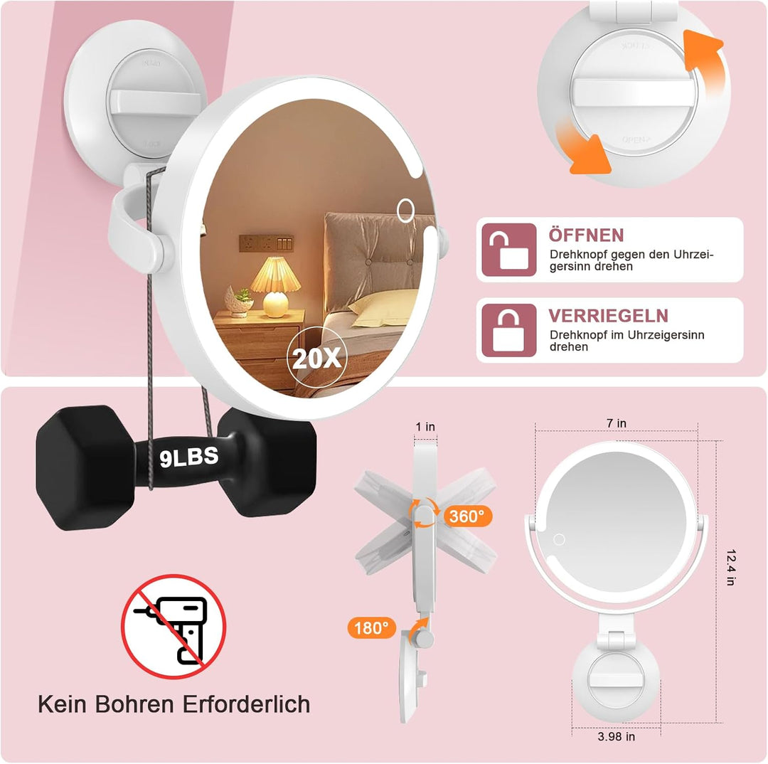 SURFOU Vergrösserungsspiegel mit Saugnapf 20 Fache, mit Beleuchtungm 3 Farbmodi & Dimmbar, 8 Zoll Sp