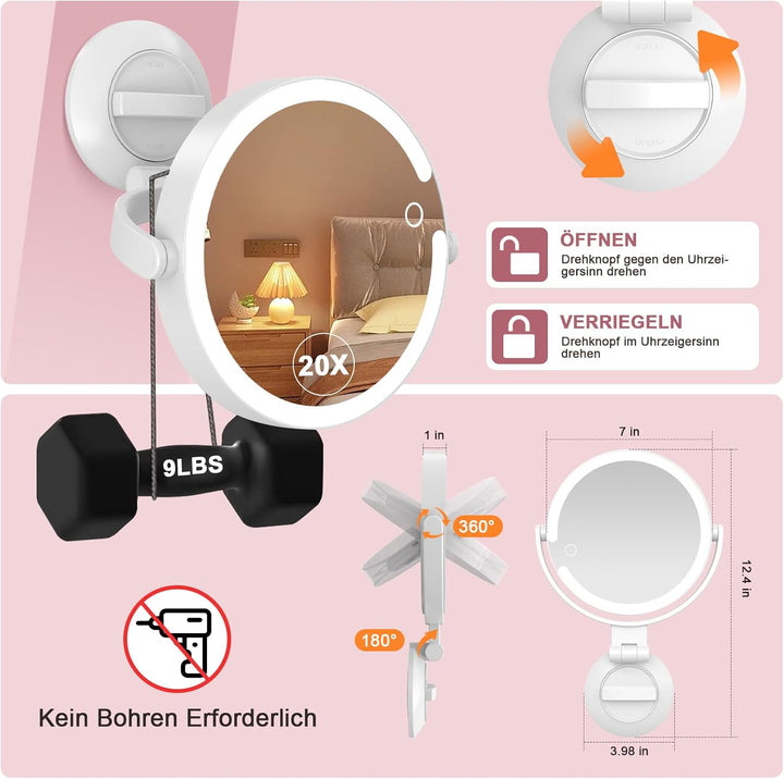 SURFOU Vergrösserungsspiegel mit Saugnapf 20 Fache, mit Beleuchtungm 3 Farbmodi & Dimmbar, 8 Zoll Sp
