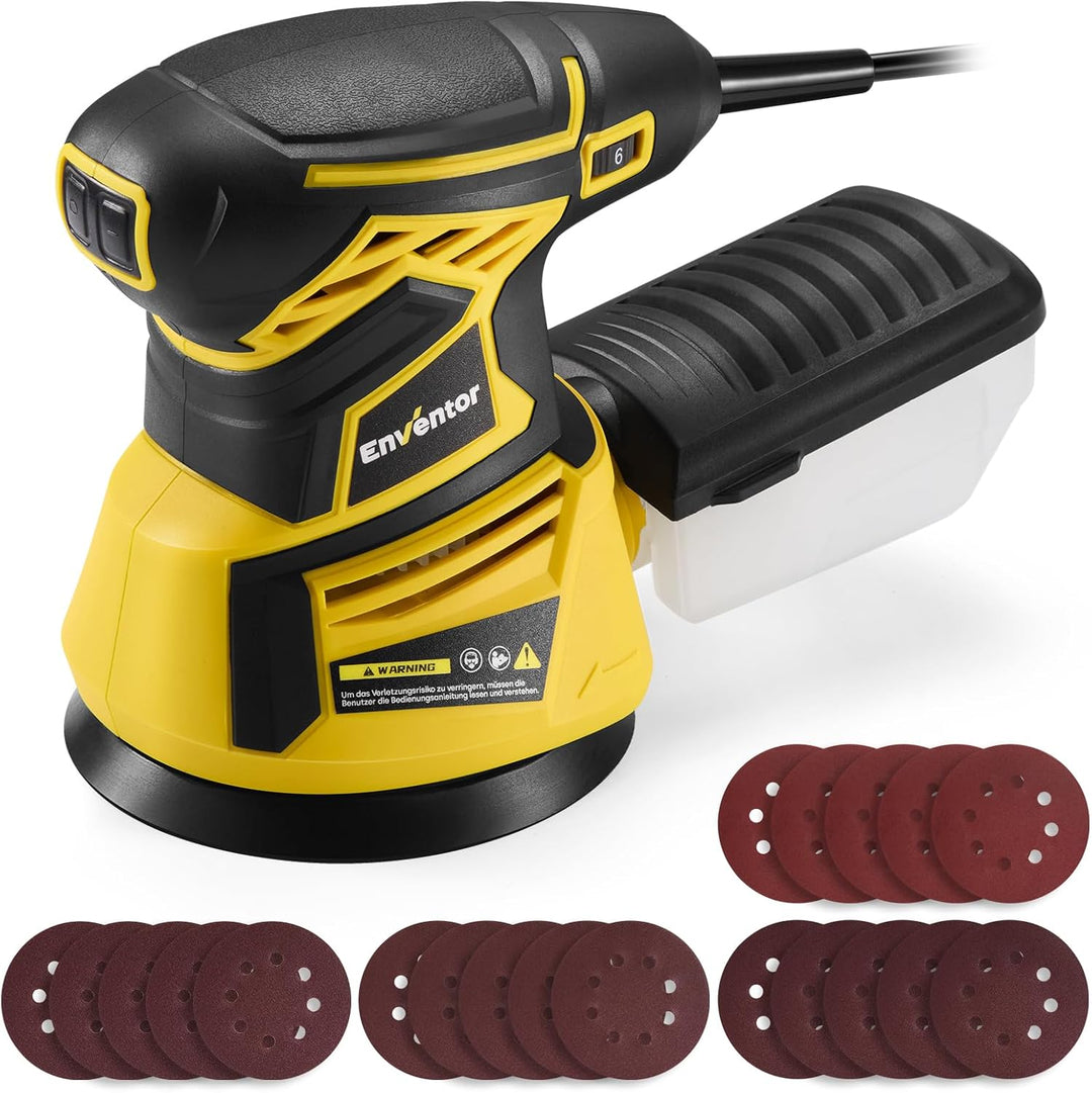 Enventor Exzenterschleifer 125mm, 350W Schleifmaschine 6000-13000 OPM, 6 Gänge, Multischleifer mit A