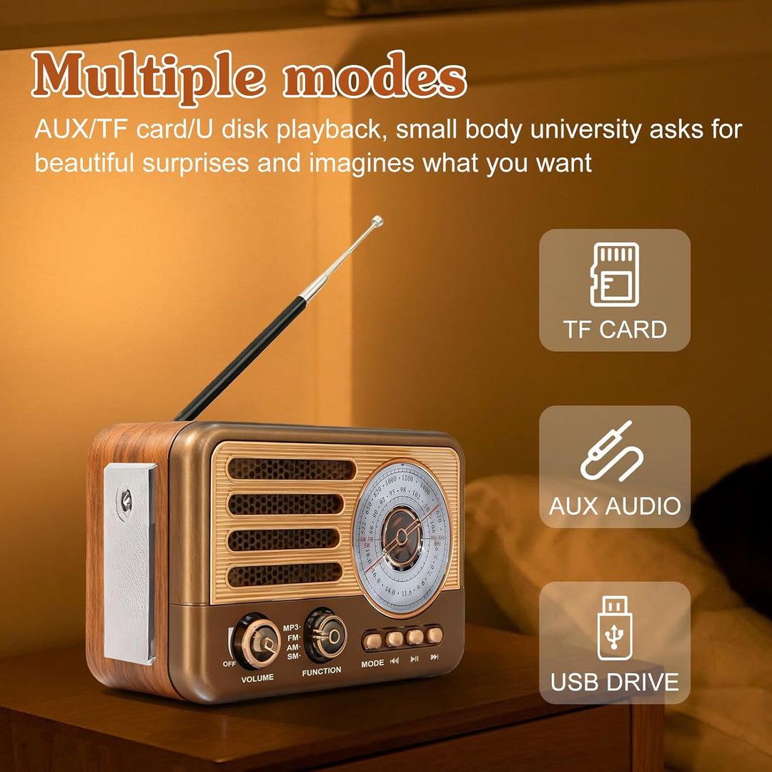 Retro Radio mit Bluetooth, Vintage Transistorradio, Nostalgie Radio Klein, AM/FM/SW, Unterstützt USB