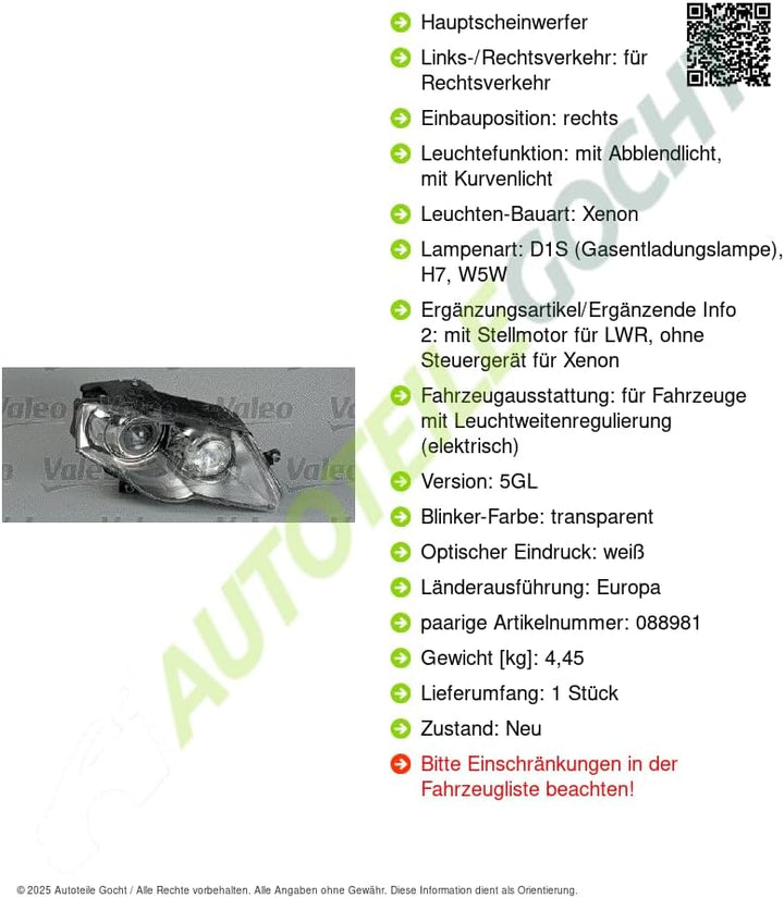 VALEO Original Teil Hauptscheinwerfer Rechts 088982