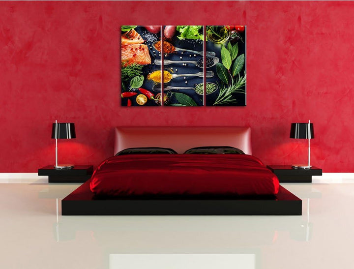 Feine Gewürze auf Löffeln als 3-Teiler Leinwandbild 120x80 Bild auf Leinwand, XXL riesige Bilder fer