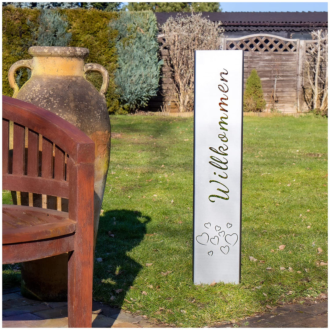 teileplus24 GS01-HH-1 Willkommen Gartenstecker Gartenschild | Rost Garten Deko | 3D Abkantung | 120c