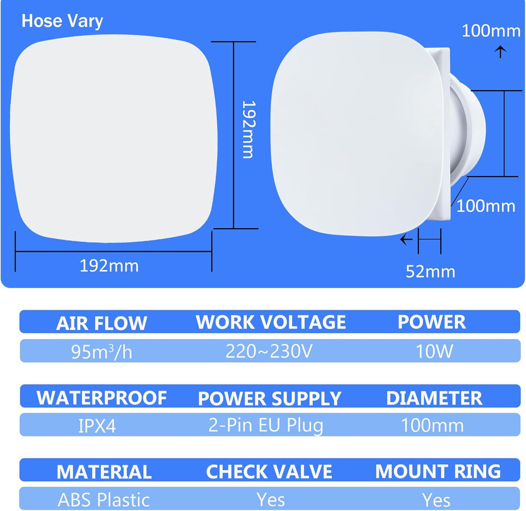 100mm Badlüfter Abluftventilator | Wandventilator Abluftventilator mit Rückstauklappe, EU-Stecker fü