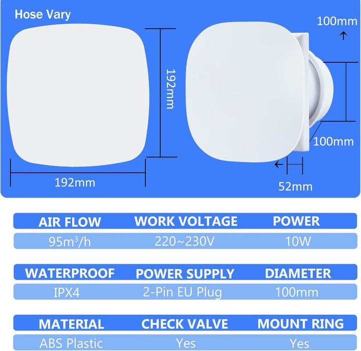 100mm Badlüfter Abluftventilator | Wandventilator Abluftventilator mit Rückstauklappe, EU-Stecker fü