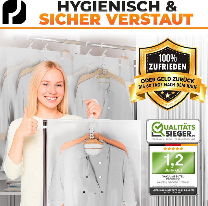Hängende Vakuumbeutel für Kleidung (mit Haken) I 5 STÜCK I Grösse XL: 100x70cm I Grosse Vakuumierbeu