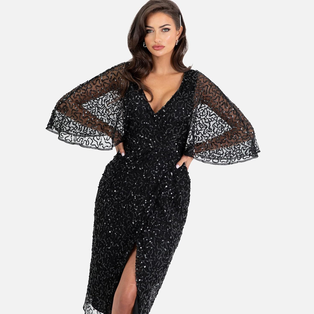 Maya Deluxe Damen Womens Midi Ladies Sequin Embellished Cape Sleeve Wrap Dress for Wedding Guest Bri