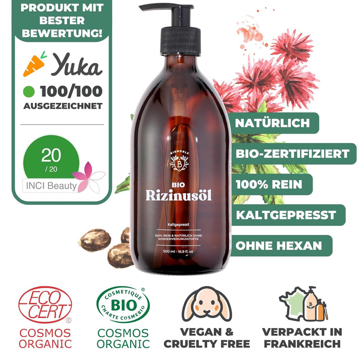 Bionoble Rizinusöl Bio 500ml - 100% Rein, Natürlich, Kaltgepresst - Wimpern, Augenbrauen, Haare, Bar