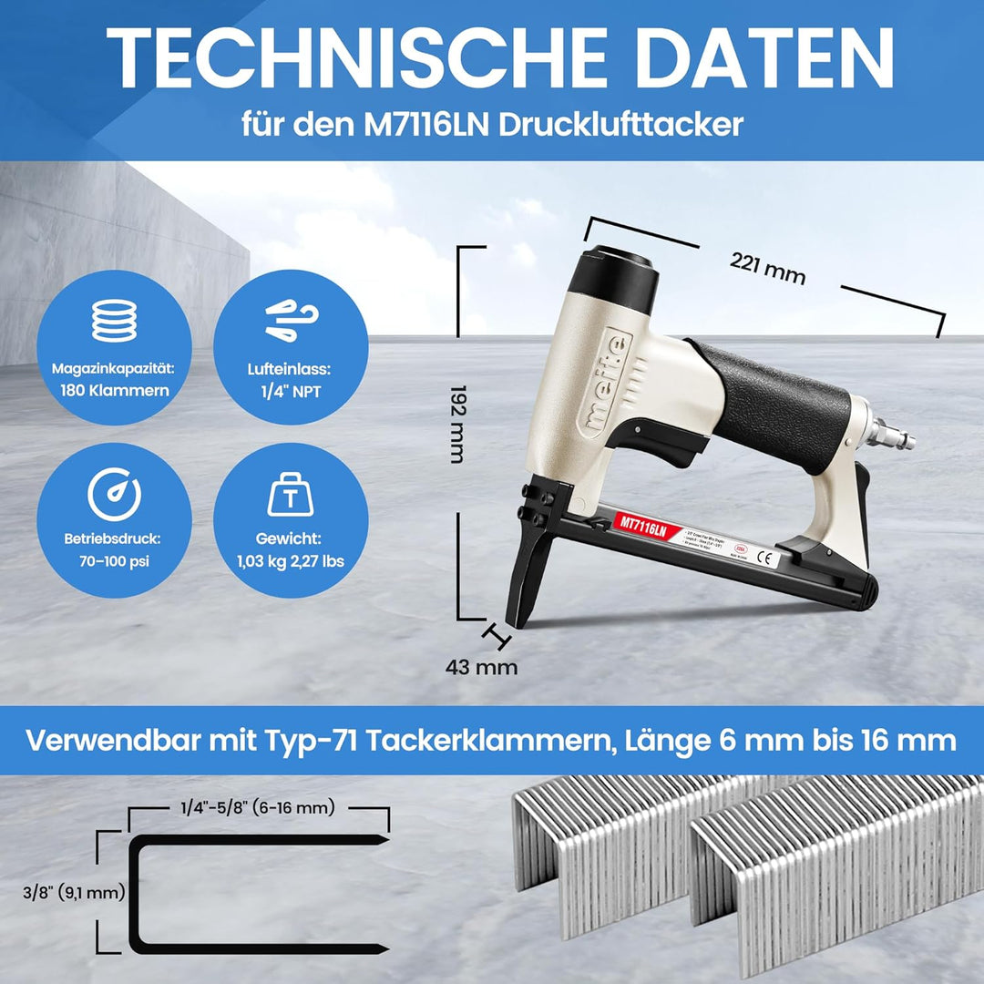 meite MT7116LN Pneumatisches Polsterheftgerät, 22 Gauge, 71 Serie, 3/8 Zoll Krone, 1/4 Zoll bis 5/8