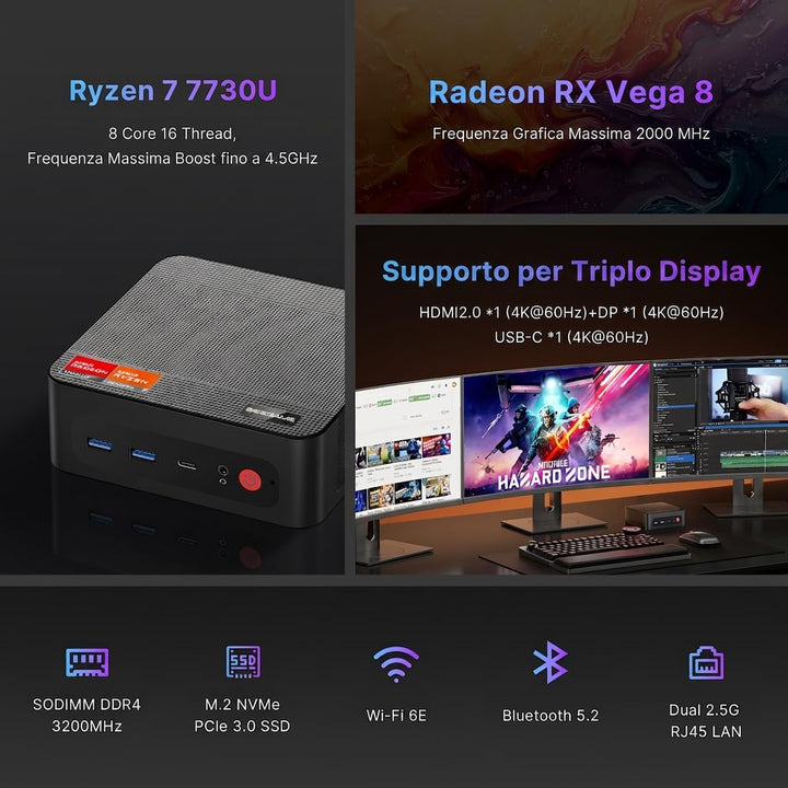 BOSGAME P4 Ultra Windows 11 Pro Business Mini-PC AMD Ryzen 7 7730U, 8 Kerne, 16 Threads, bis zu 4,5