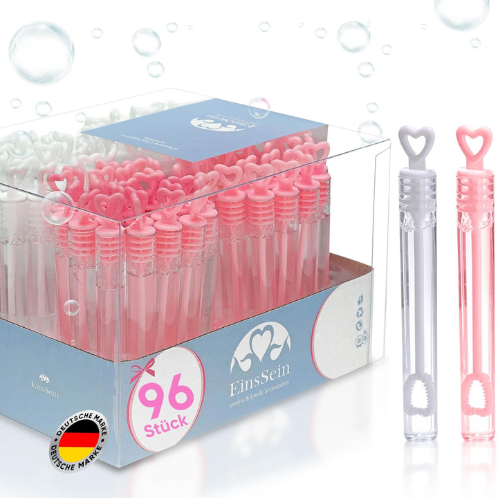 EinsSein 96x Seifenblasen Hochzeit Herzgläschen Box Weiss-rosa - Gastgeschenke für die Hochzeit Tauf
