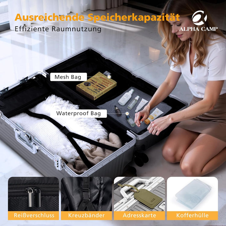 ALPHA CAMP Koffer L Aluminium Rahmen & Polycarbonat Hartschale mit TSA Schloss 360°Doppelrollen Reis