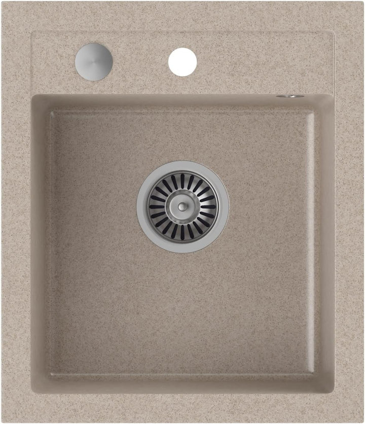 VBChome Spülbecken mit Armatur 43 x 50 cm Beige Granit Einzelbecken Einbauspüle gesprenkelt reversib