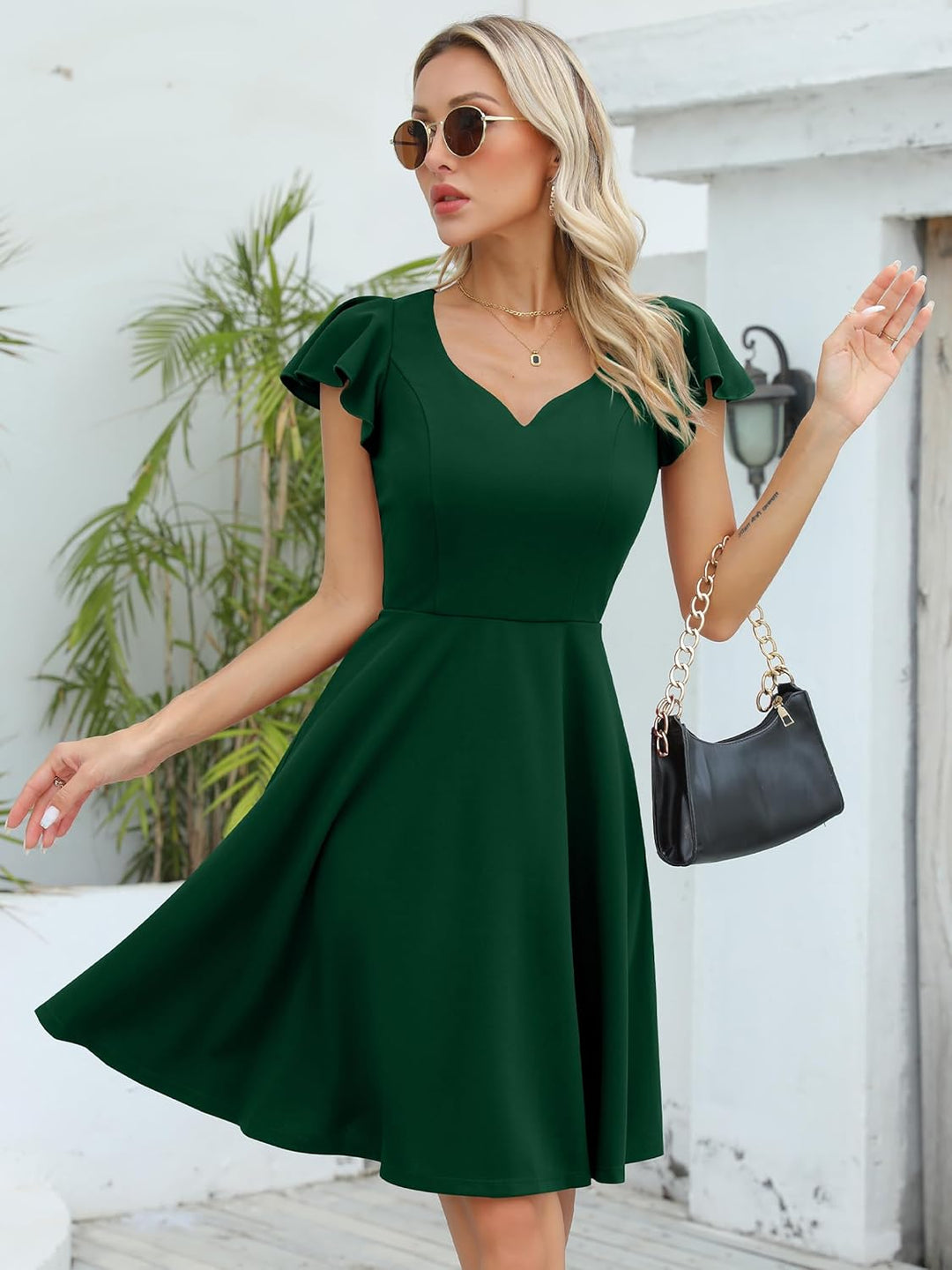 Missufe Damen Cocktailkleid Elegant Vintage Minikleid Kurz A-Linie Herzausschnitt Kleider, Dunkelgr&