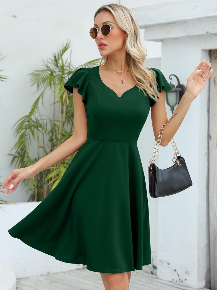 Missufe Damen Cocktailkleid Elegant Vintage Minikleid Kurz A-Linie Herzausschnitt Kleider, Dunkelgr&