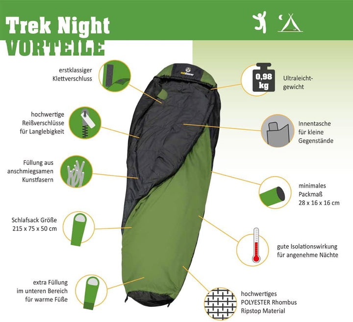 Trekking-Schlafsack Trek Night von outdoorer - der Leicht-Schlafsack, warm, leicht, kleines Packmass