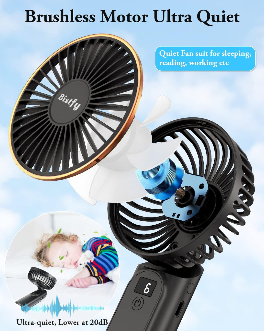 Handventilator Tragbarer, Mini Ventilator 5200mAh Handventilator Akku Aufladbar, Starker Leise 6 Ges