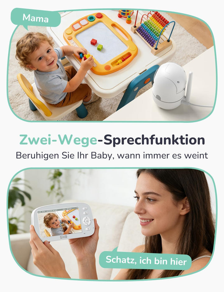 GHB Babyphone mit Kamera 5 Zoll 720P HD Kamera IPS Display mit 5000mAh Akku 4X Zoom 2-Bildschirm-Spl