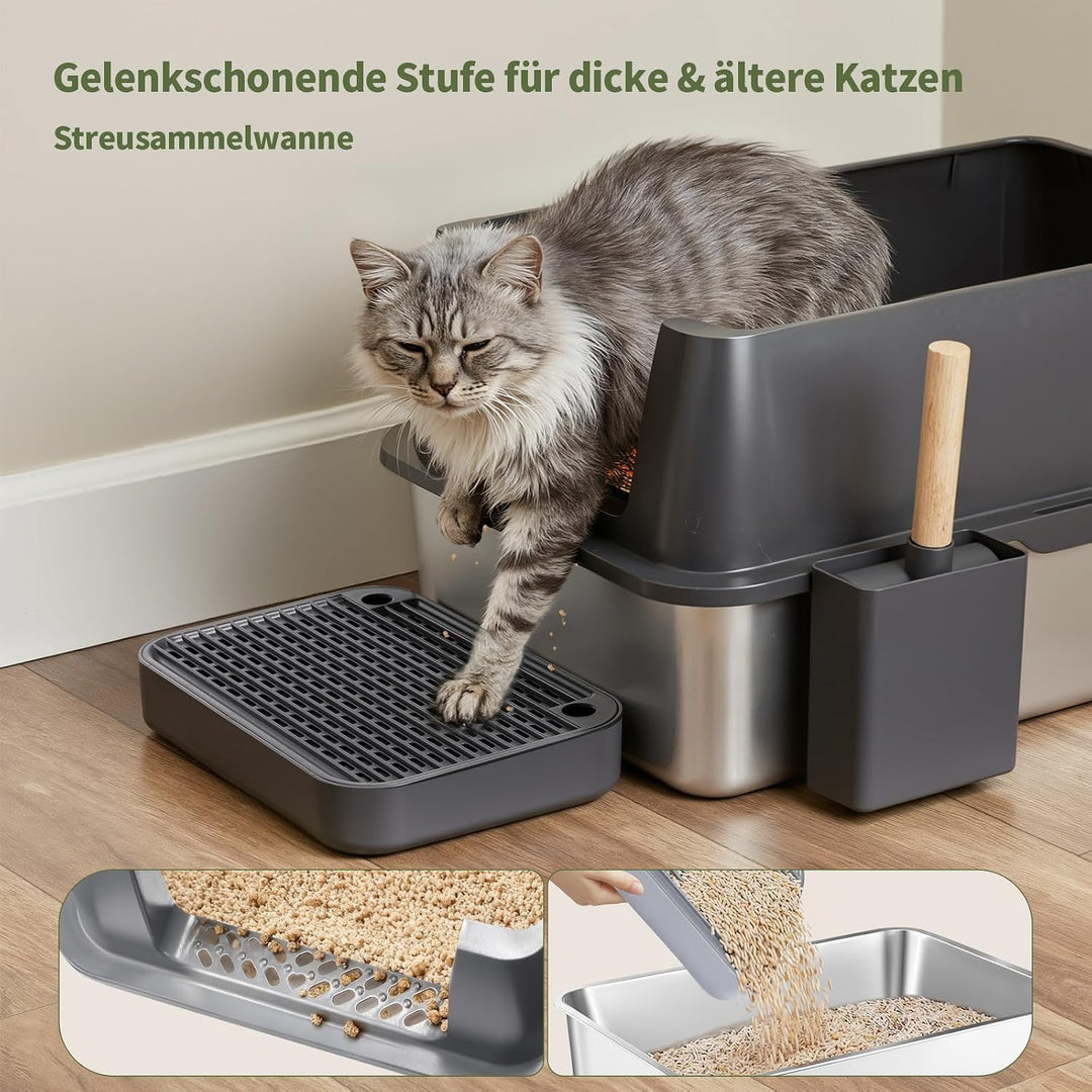 Gimars 3 in 1 Hochwandiger Anti-Auslauf Edelstahl Katzentoilette XXL mit Deckel, Extra Grosses Gesch