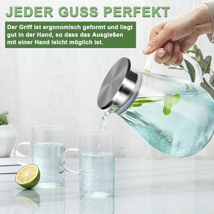 SUSTEAS 2.5 Liter 75oz Wasserkaraffe, Glaskaraffe mit Deckel und Breitem Griff, Leicht zu Reinigende