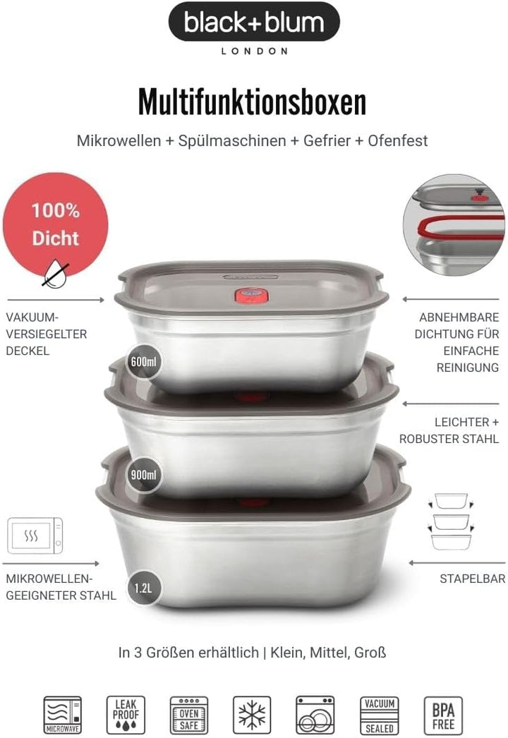 BLACK + BLUM Multifunktions Lunchbox Edelstahl Set 600, 900, 1200 ml, 100% auslaufsichere Meal Prep