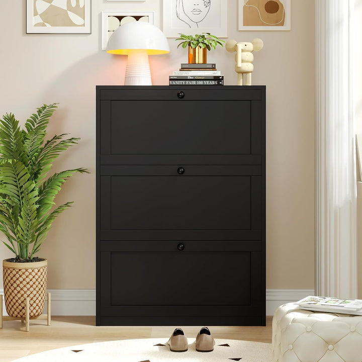 VOWNER Schuhschrank mit 3 Klappen, Schuhregal Schuhkipper Schmal, Schuhschrank Schwarz, mit 6 Fächer