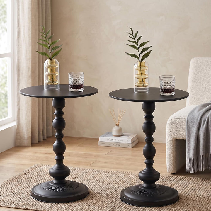 Couchtisch Schwarz Rund, 2er Set Beistelltisch Rund für Wohnzimmer, Vintage Sofatisch, Kleiner Beist