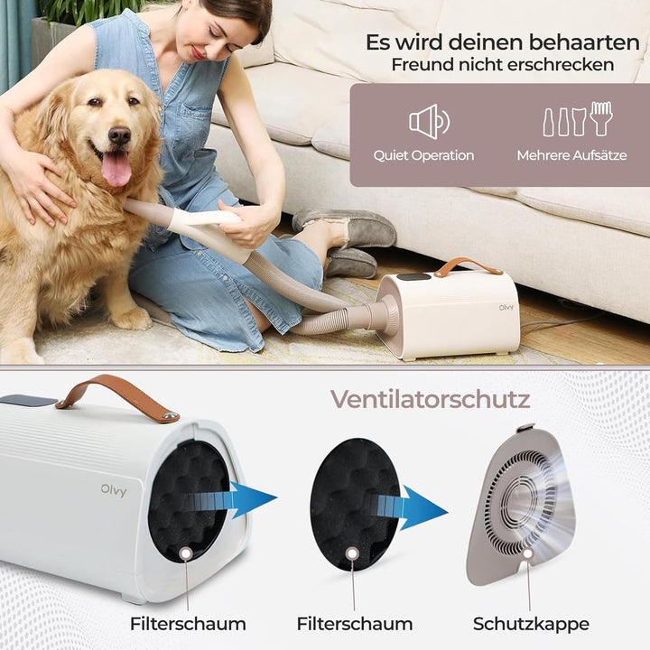 Olvy Hundefön Hundetrockner für Hundepflege Tierfön mit Einstellbarer Windgeschwindigkeit, Hundetroc