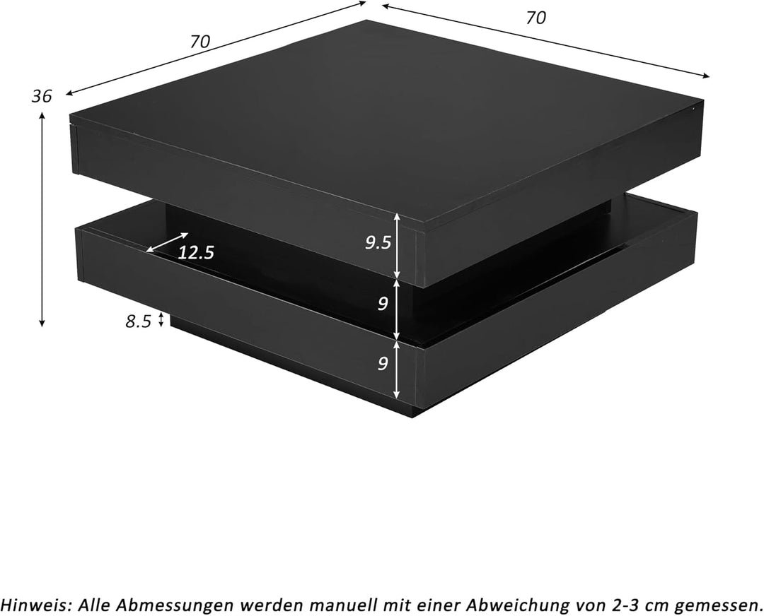 Merax Couchtisch Schwarz Hochglanz quadratischer, Moderner Wohnzimmertisch mit drehbarer Platte, Bei