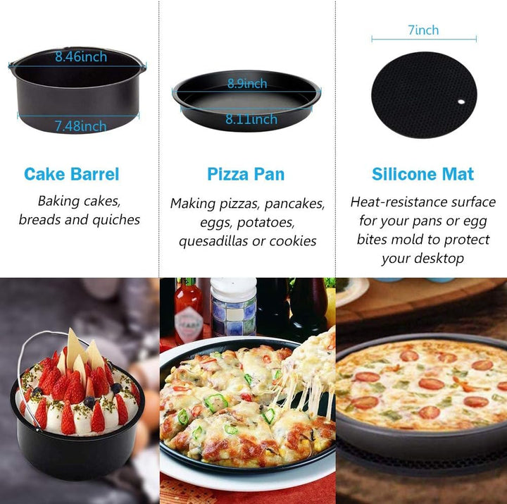 22CM Heissluftfritteuse Zubehör XL 7 Stück mit Cupcake-Pfanne, Pizzapfanne, Silikon-Backbecher, Reze