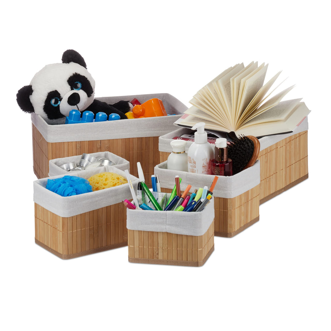 Relaxdays Aufbewahrungskorb 6er Set, mit Stoffbezug, Bambus, rechteckig, Bad, Accessoires, dekorativ