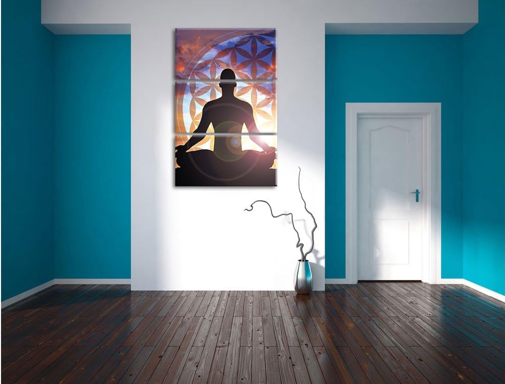 Pixxprint Meditierender Mensch Blume des Lebens 3-Teiler Leinwandbild 120x80 Bild auf Leinwand
