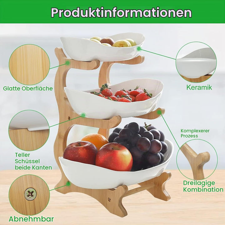 Obst Etagere Obstschale Keramik 3 Stöckig Porzellan Obstteller 3 Etagen mit Natürlichem Bambus Ständ