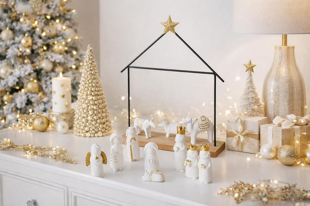RiloStore 32x22cm Tischkrippe mit Figuren 12 TLG. Krippe Natur b144 braun Weiss Gold Farben Deko Fig
