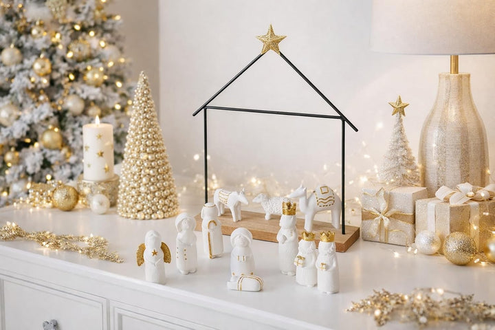 RiloStore 32x22cm Tischkrippe mit Figuren 12 TLG. Krippe Natur b144 braun Weiss Gold Farben Deko Fig