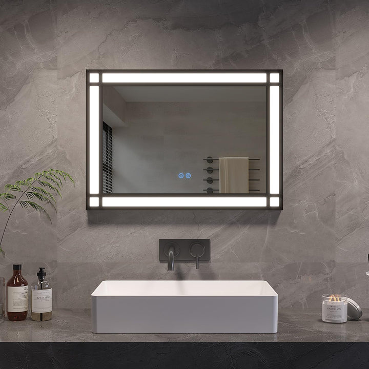AQUABATOS Badspiegel mit Beleuchtung Schwarzer Rahmen Fensteroptik 50x70cm, Badezimmerspiegel Beleuc