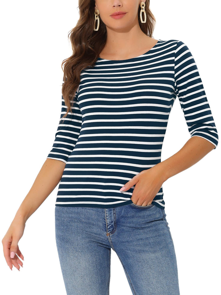 Allegra K Damen Gestreiftes Shirt U Boot Ausschnitt Halbarm Party Ferien Streifen Top Bluse S Dunkel