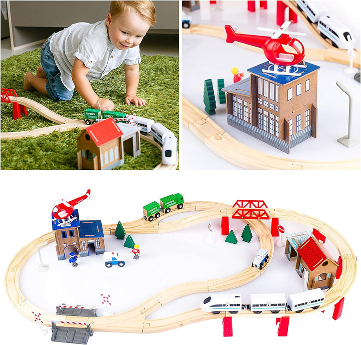Green series Holzeisenbahn Set für Kinder - Eisenbahn Holz | Spielzeug Zug | Polizeistation, Autobah