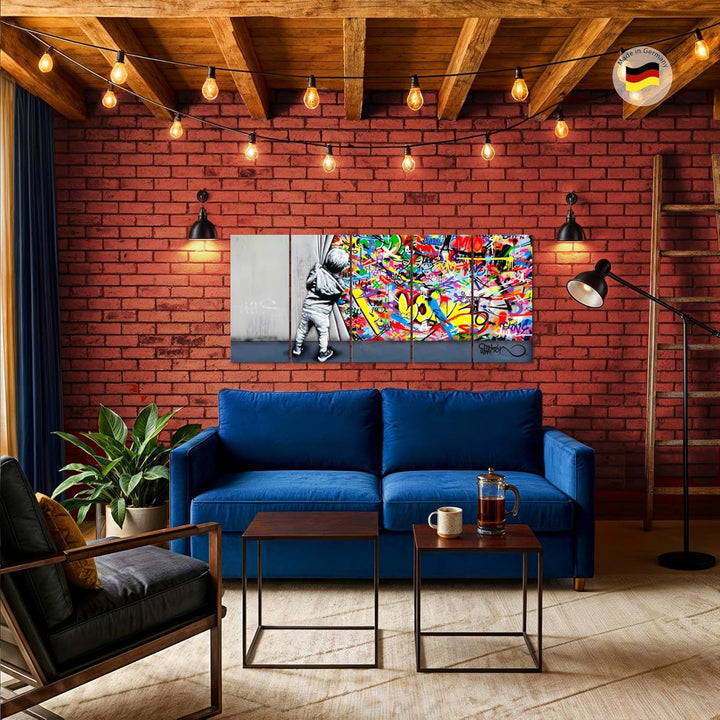 Runa Art Wandbild XXL Banksy Behind the curtain Loft Wohnzimmer 200 x 80 cm Graffiti 5 Teilig - Made