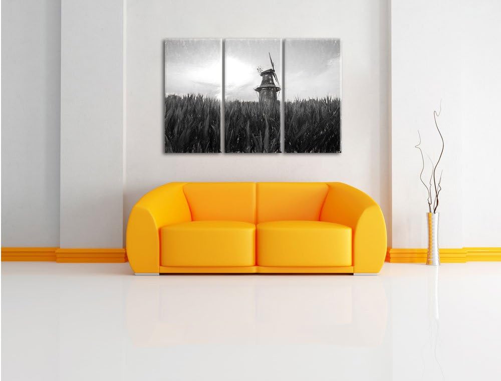 Pixxprint schöne Windmühle auf dem Feld Kunst Kohle Effekt 3-Teiler Leinwandbild 120x80 Bild auf Lei