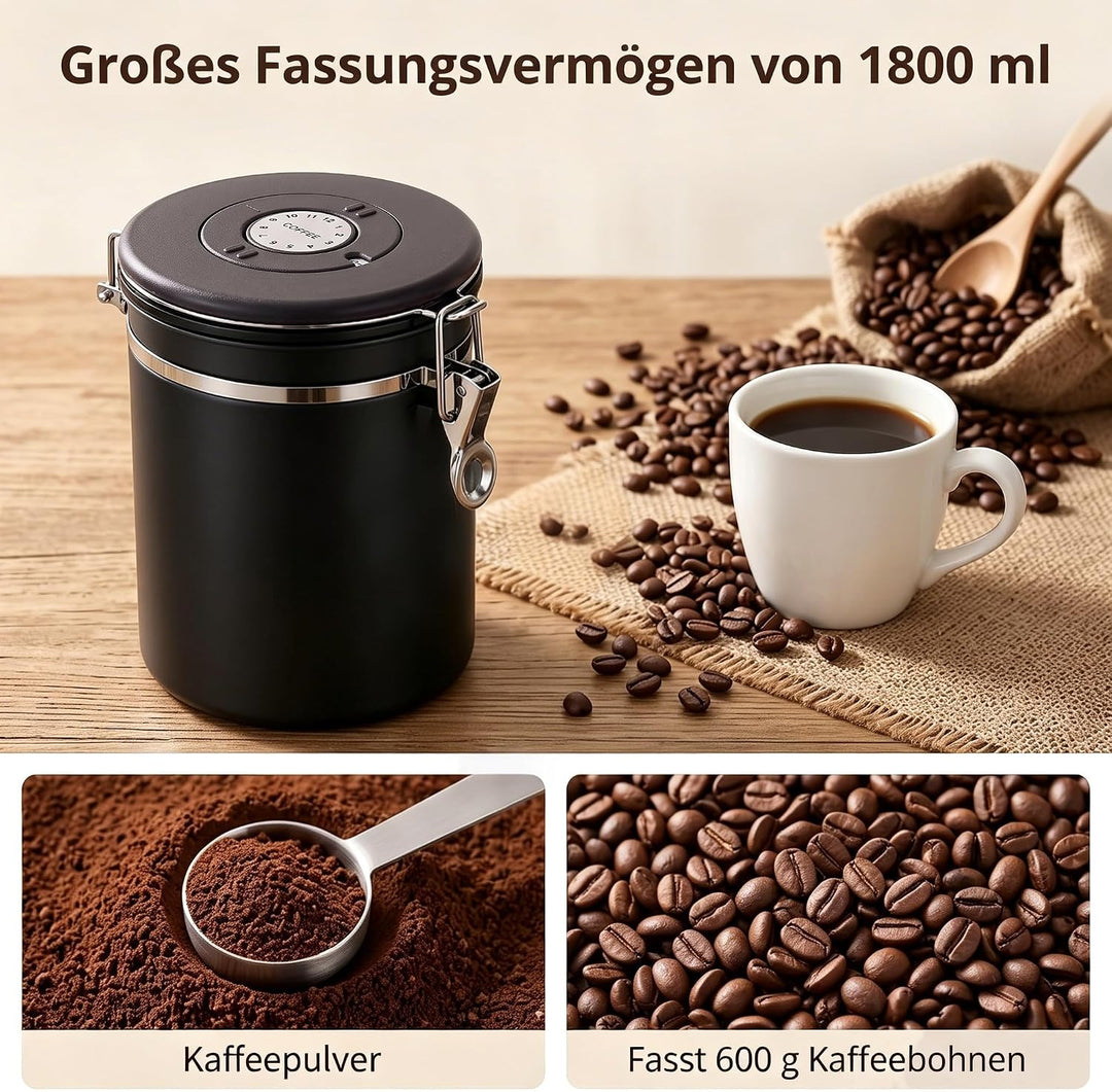 Edelstahl Kaffeedose 1,8L luftdicht, Kaffeebohnenbehälter mit Datumsanzeige (Schwarz), Schwarz