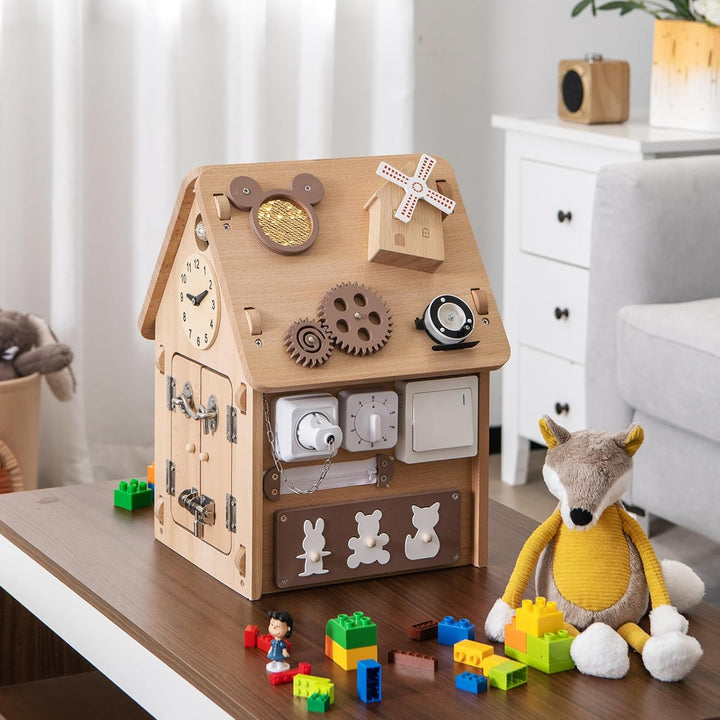 COSTWAY Kinder Spielhaus aus Holz, sensorisches Spielzeughaus mit Sinnesspielen & Stauraum im Innere