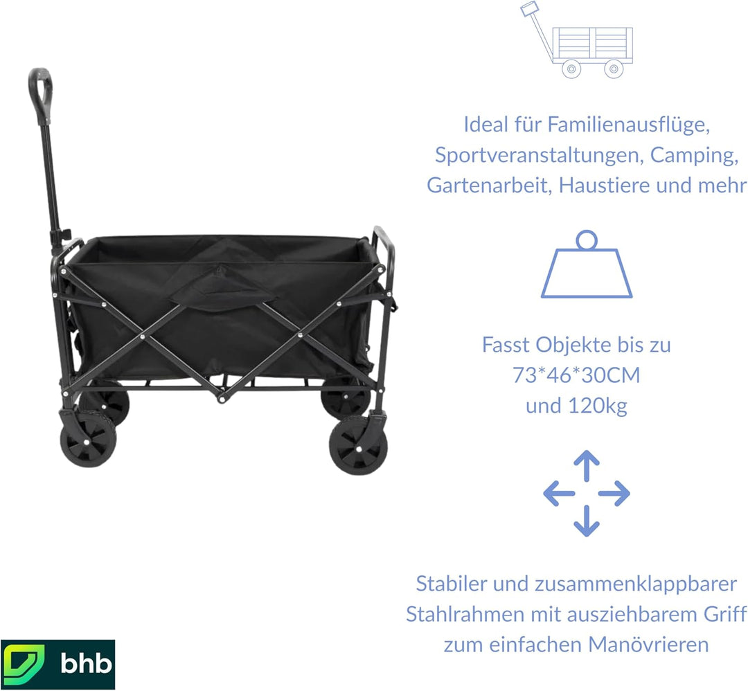Bollerwagen Faltbar 100L 120kg, Klappbarer Handwagen, Geländegängig, Trolley für Garten Einkauf Camp