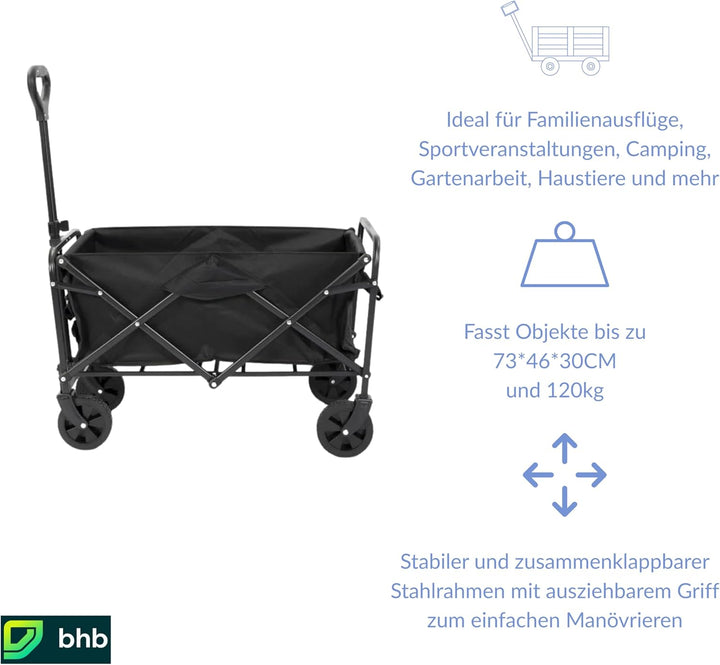 Bollerwagen Faltbar 100L 120kg, Klappbarer Handwagen, Geländegängig, Trolley für Garten Einkauf Camp