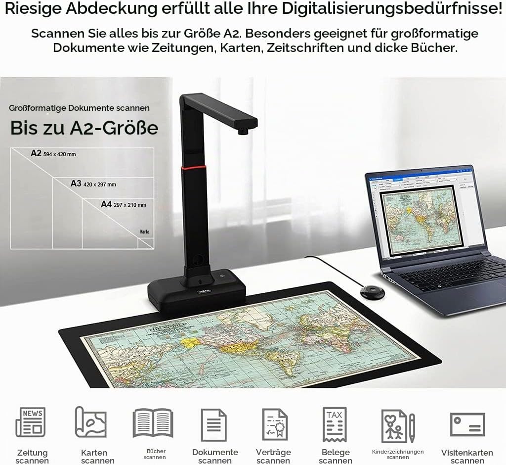 VIISAN Dokumentenscanner - 27MP Buchscanner mit Scan Max A2, ideal für grosse Periodika, Bücher und