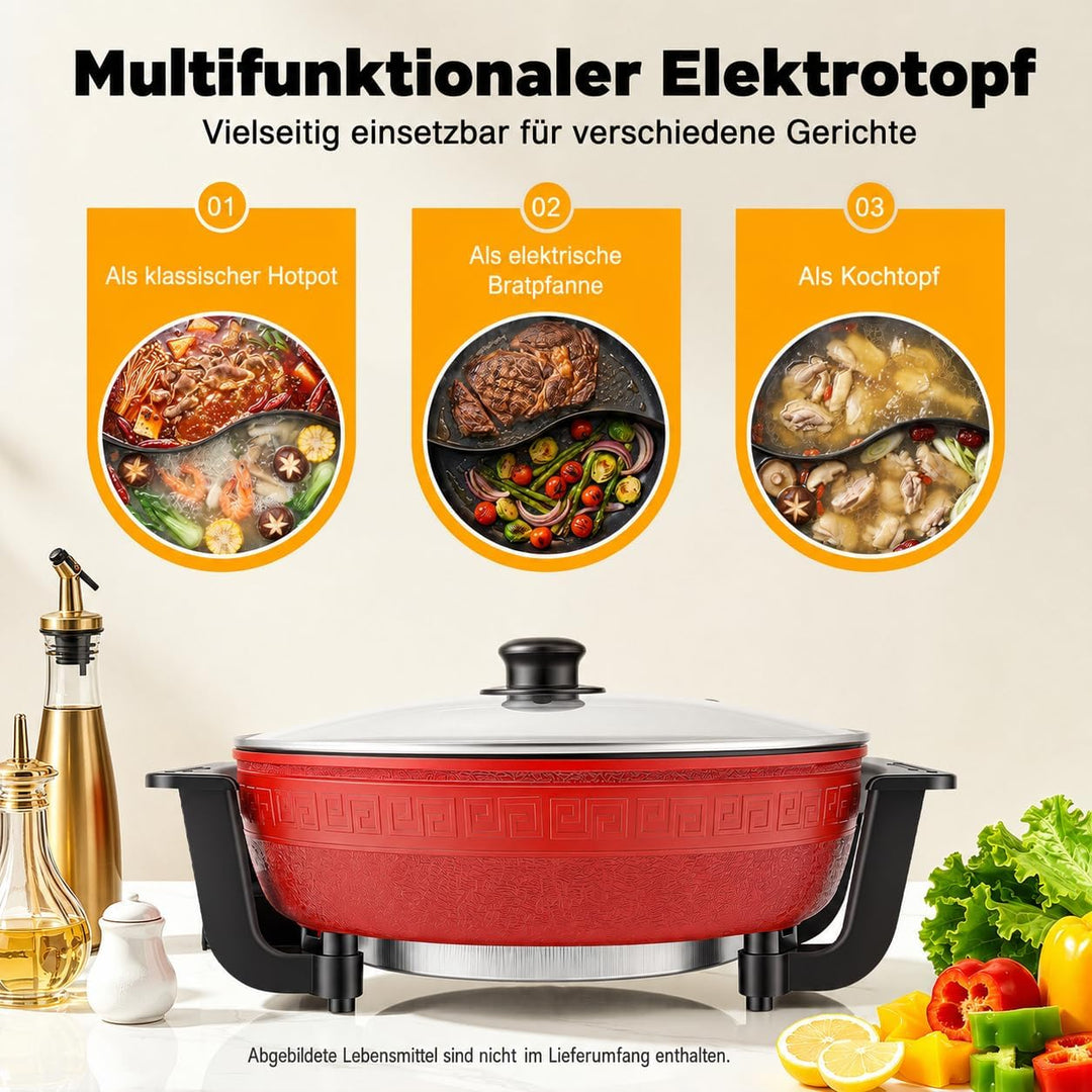 Elektrisch Hot Pot 6L Twin Kochtopf Feuertopf Suppentopf mit Deckel, Elektrischer Hotpot Topf 2 Grid