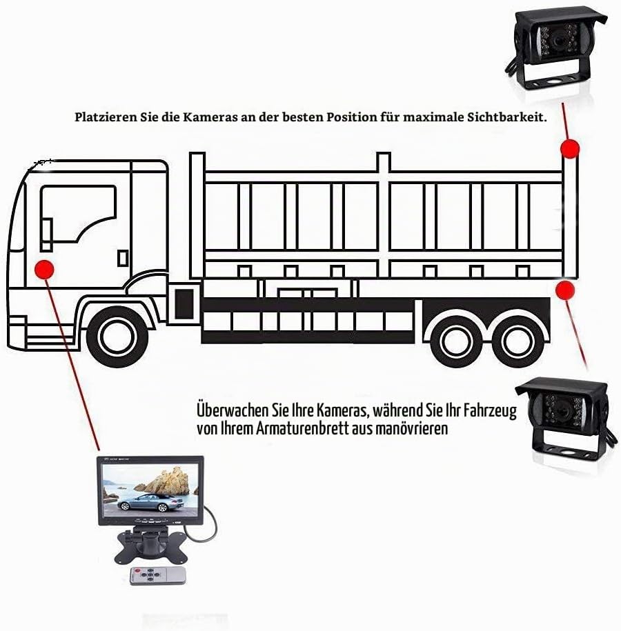 Rückfahrkamera Auto 2 Kamera Set mit Super Nachtsichtgeräten, 7 Zoll HD Vollfarbdisplay Rear View Mo