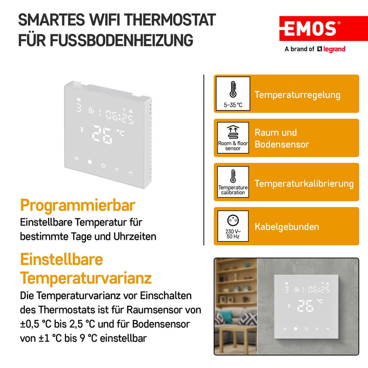 EMOS GoSmart WiFi Raumthermostat für Fussbodenheizung mit App, programmierbarer Smart-Thermostat ink