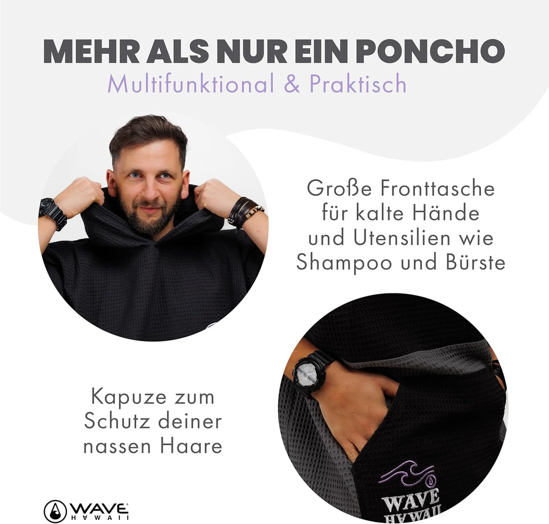 WAVE HAWAII Bade-Poncho Damen & Herren EL Yaque | Grösse L/XL, 170-200cm I 100% Baumwolle Surf-Ponch